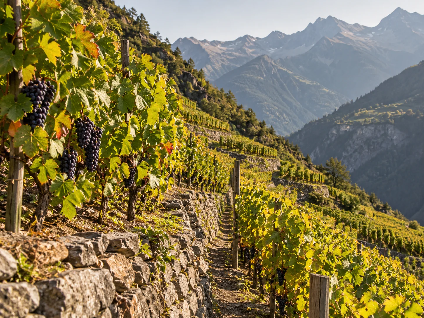 Illustration de vignes en terrasses sur un coteau alpin, avec les montagnes en arrière-plan.